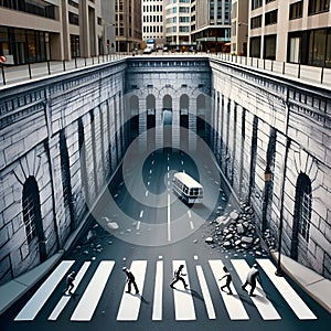 An optical illusions with banksy art, painted street and a building facade, appear tu expose its inner workings, street art