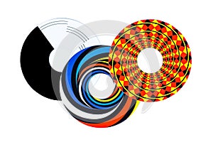 Optical illusions shapes abstract, three cut out colorful circle objects, elements, wagon-wheel rotation illusoric effect