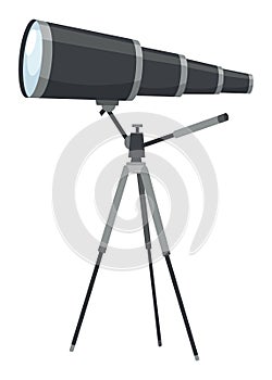 Optical instrument icon for viewing distant objects. Telescope on tripod, device for education. Modern isolated vector