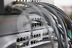 Optical mains cables connected to main server closeup