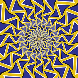 Optical motion illusion background. Blue arrows revolve circularly around the center on yellow background