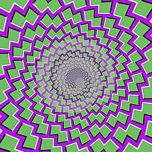 Optical motion illusion background. Green shapes fly apart circularly from the center on purple background