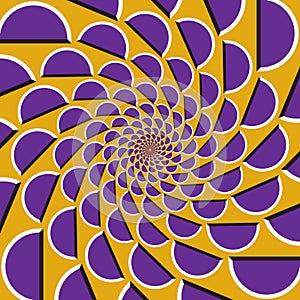 Optical motion illusion background. Purple shapes fly apart circularly from the center on yellow background