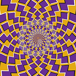 Optical motion illusion background. Purple shapes revolve around the center on yellow background photo