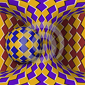 Optical motion illusion illustration. A sphere is rotating around of a moving hyperboloid. Abstract fantasy in a surreal style