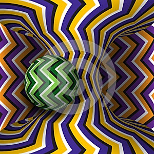 Optical motion illusion illustration. Sphere is rotation around of a moving hyperboloid. Abstract fantasy background