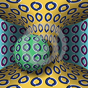 Optical motion illusion illustration. Sphere is rotation around of a moving hyperboloid. Abstract fantasy background