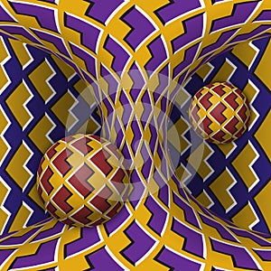 Optical motion illusion illustration. Two spheres are rotation around of a moving hyperboloid. Abstract fantasy in a surreal style