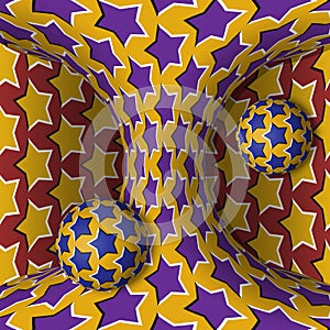 Optical motion illusion illustration. Two spheres are rotation around of a moving hyperboloid. Abstract fantasy in a surreal style