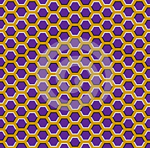 Optical motion illusion seamless pattern. Purple hexagons move on yellow background