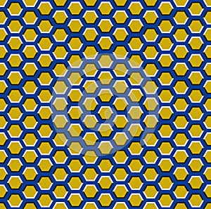 Optical motion illusion seamless pattern. Yellow hexagons move on blue background