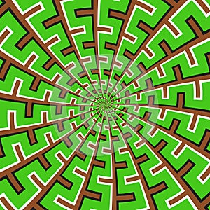 Optical motion illusion vector background. Green brown spiral broken striped pattern move around the center
