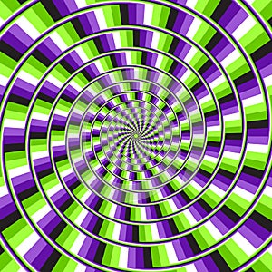 Optical motion illusion vector background. Purple green glitch stripes move around the center