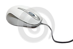 Optical mouse for computer isolated on white grey gray silver wire wired PC device technology scroll scrolling wheel buttons input