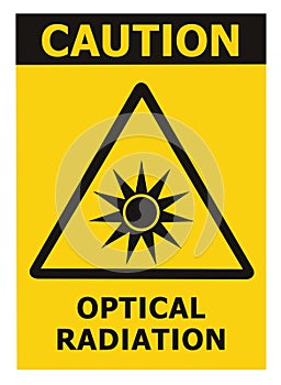 Optical radiation hazard caution safety danger warning text sign sticker label, artificial light beam icon symbol, isolated black