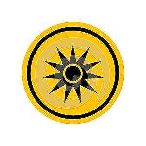 Optical radiation sign. Black danger icon on yellow round symbol. Vector illustration, hazard symbol. Danger pictogram