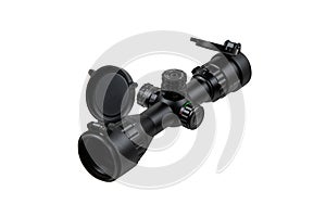 Optical sniper scope with open protective covers. Optical device for aiming and shooting at long distances. Isolate on a white