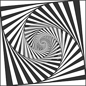 Optical spiral illusion. Black and white alternating strips creating hypnotic effect, vertigo geometric whirl