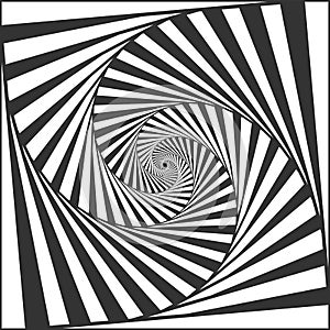 Optical spiral illusion. Black and white alternating strips creating hypnotic effect, vertigo geometric whirl photo