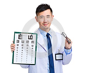 Optician doctor with eye chart and eye glasses