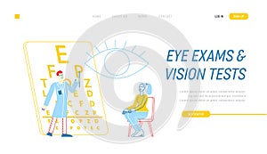Optician Vision Exam Landing Page Template. Patient Character at Ophthalmologist Doctor Eyesight Check Up