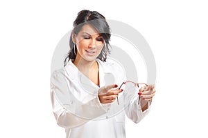Optician woman giving glasses