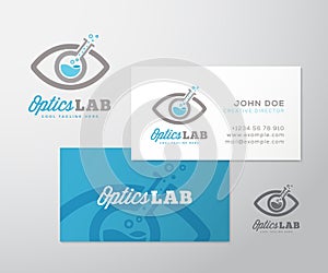 Optics Lab Abstract Vector Logo Template and Business Card Layout. Scientific Flask Incorporated into Eye Symbol. Ready