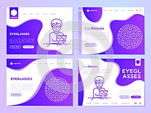 Optics shop web page templates. Man is trying on different eyeglasses. Eyeglasses in circle, thin line icons. Modern vector