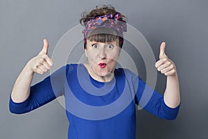 Optimism concept for surprised 30s woman smiling