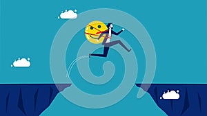 Optimism eliminates risks and obstacles. good humored businessman jumps over the gap