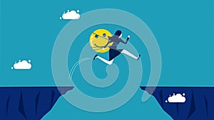 Optimism eliminates risks and obstacles. good humored businesswoman jumps over the gap