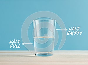 Optimism and Pessimism concept. Water glass with the words half full and half empty