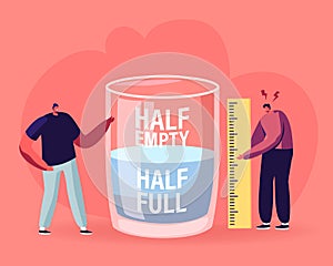 Optimist and Pessimist Concept. Couple of Characters Stand at Huge Water Glass Discussing if it is Half Full or Empty photo