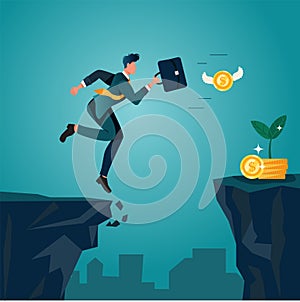 An optimistic businessman jumping and running over cliffs, chasing money coins. Flat character