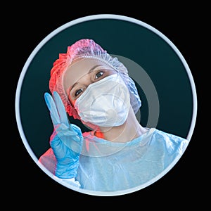 optimistic doctor peace sign happy nurse in circle