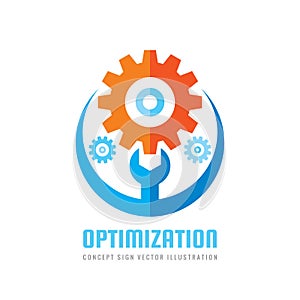 Optimization - vector business logo template concept illustration. Gear electronic factory sign. Cog wheel and wrench technology