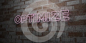 OPTIMIZE - Glowing Neon Sign on stonework wall - 3D rendered royalty free stock illustration