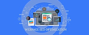 Seo onsite coding for webpage, website programming, optimized webpages for search engine result. Flat design vector banner. photo