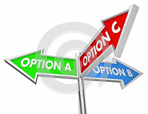 Option A B C Choices Decide Best Way 3 Street Signs 3d Illustration