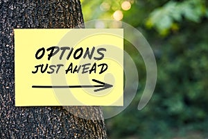 Options just ahead motivational message written on paper on a tree in nature. Inspirational quote to create future in business or