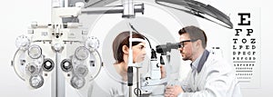 Optometrist doing eyesight with woman patient measurement with s