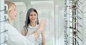 Optometrist, glasses and person with choice of frame, prescription lens and spectacles for eyesight. Healthcare, medical