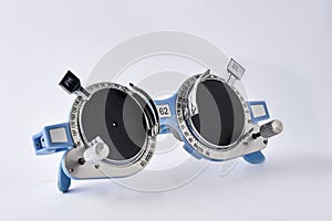 Optometrist medical equipment with pinhole on trial frame, Equipment tool for test vision isolated on white background