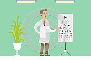 Optometrist points to the table for testing visual acuity. A doctor checks the patient s vision