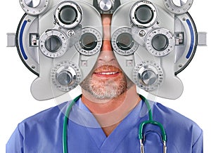 Optometrist specialist doctor smiling happy looking through optometric hospital device and checking eyes having sight exam in