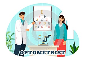 Optometrist Vector Illustration with Ophthalmologist Checks Patient Sight, Optical Eye Test and Spectacles Technology