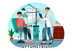 Optometrist Vector Illustration with Ophthalmologist Checks Patient Sight, Optical Eye Test and Spectacles Technology