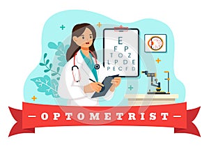 Optometrist Vector Illustration with Ophthalmologist Checks Patient Sight, Optical Eye Test and Spectacles Technology