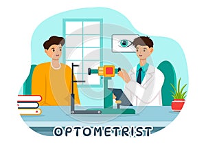 Optometrist Vector Illustration with Ophthalmologist Checks Patient Sight, Optical Eye Test and Spectacles Technology