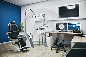 Optometry, empty room and equipment for vision test for eye care in a optical clinic or store. Optic healthcare